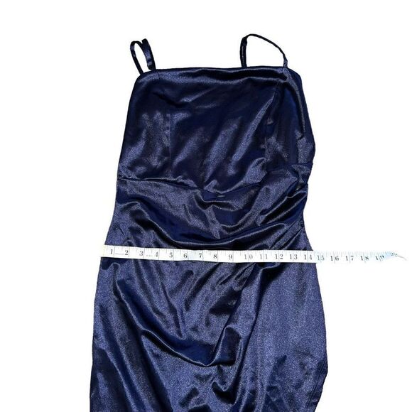 HONEY & ROSIE Square Neck Faux Wrap Satin Blue Dress Size Large - Picture 9 of 11
